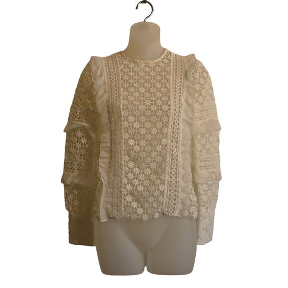Self-Portrait US 0 UK 4 Lace Top White Floral Ruffle Embroidered Long Sleeve - Picture 1 of 11